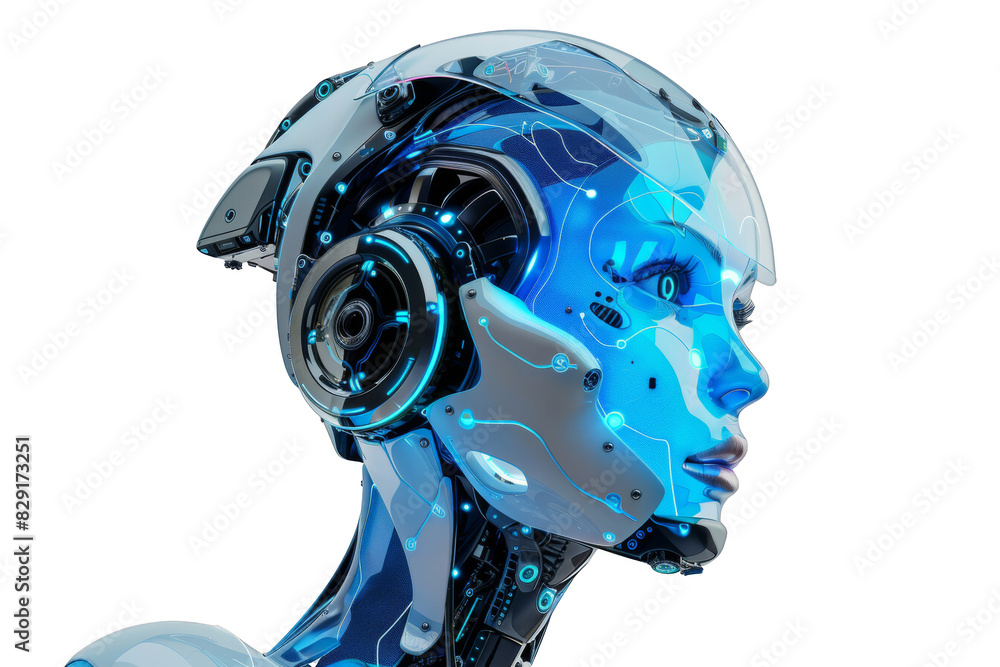 A female robot with blue holographic skin, half body portrait, transparent background, png. A female robot with blue holographic skin, half body portrait, transparent background, png.