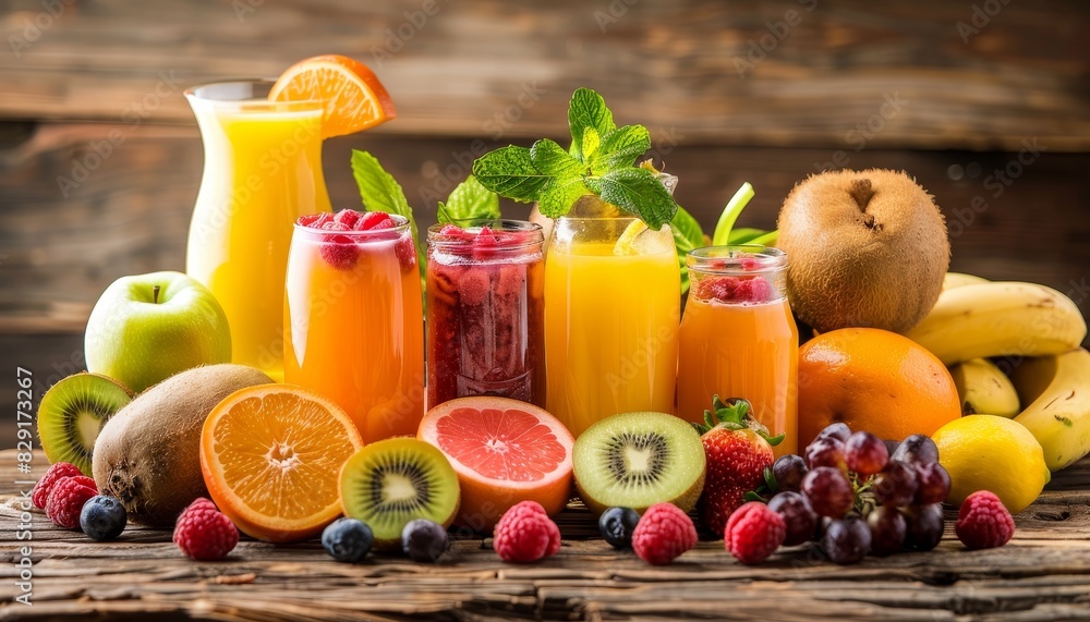 Assorted fruits and juices on the table can improve heart health manage glucose prevent osteoporosis and decrease cancer risk Assorted fruits and juices on the table can improve heart health manage glucose prevent osteoporosis and decrease cancer risk