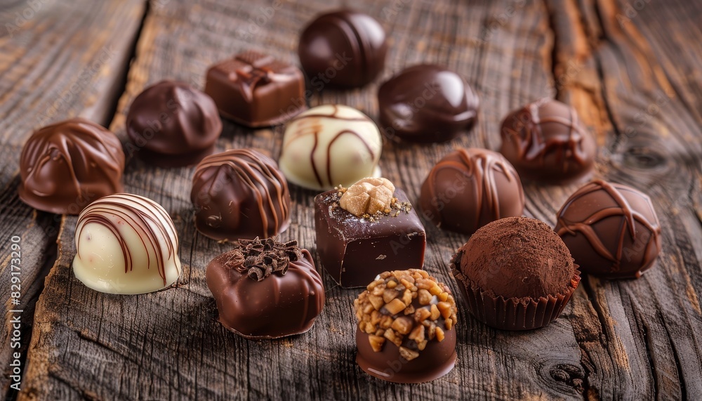 Assorted homemade chocolate pralines on wooden backdrop Assorted homemade chocolate pralines on wooden backdrop