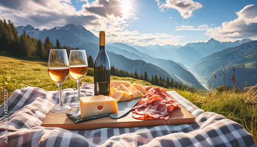 picnic montagna vino tovaglia formaggio malga  photo