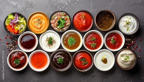 Assorted dip sauces overhead view on gray table