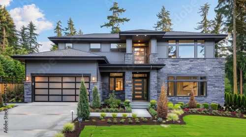 Stylish new construction home with gray exterior, stone accents and modern windows in Washington state. Colorful landscaping adds character to the front yard.