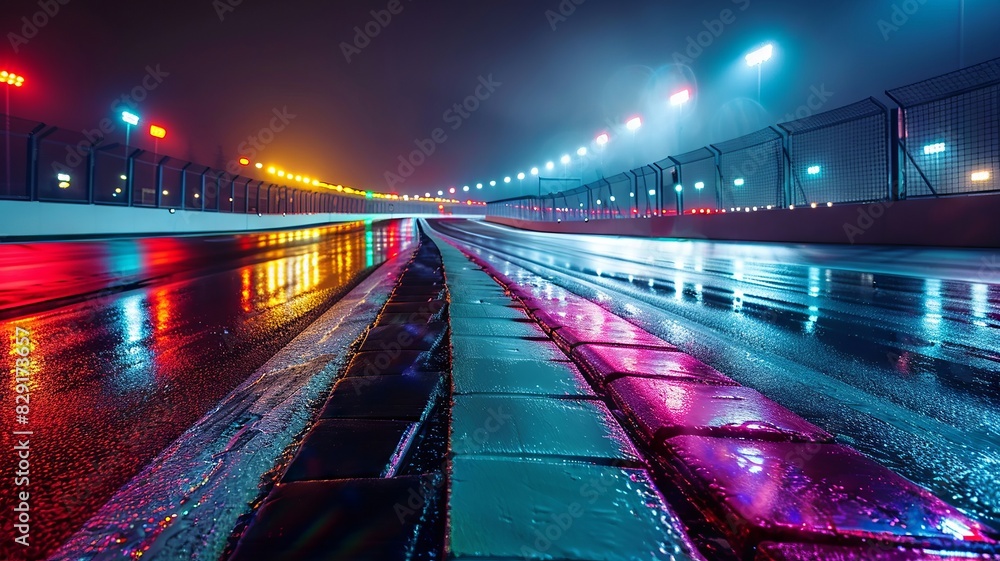 Dramatic night race setting on urban track with vibrant city lights Dramatic night race setting on urban track with vibrant city lights