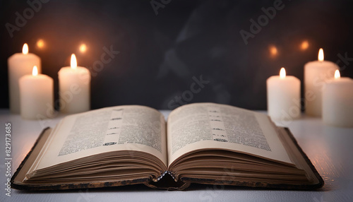 Open book with burning candles on table against blurred dark background