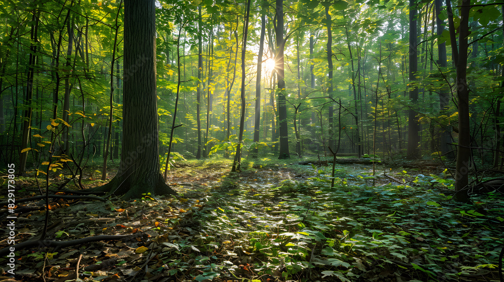 Serene Forest Morning: Sunlight Filtering Through Dense Woodland Canopy Illuminates Tranquil Natural Beauty