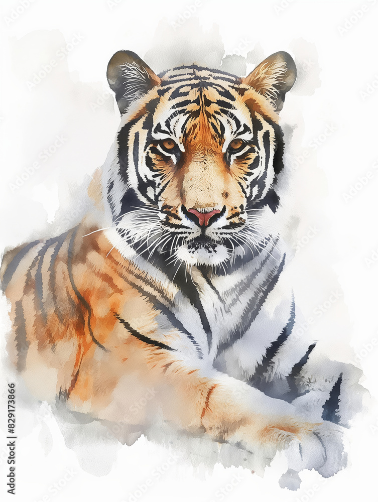 Obraz premium Watercolor painting of tiger isolated on white background, white and gray with orange accents, soft shading, watercolour clipart, pastel colours, soft gradient shadows, white background.