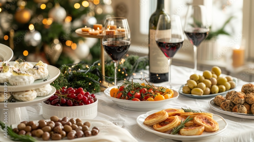 A table with a white tablecloth and a variety of food and wine