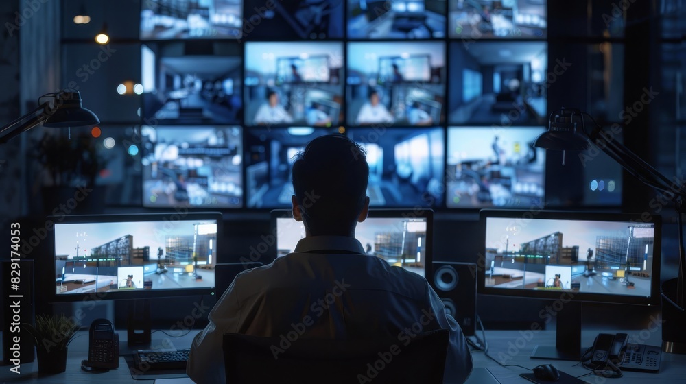 software engineer working on multiple screens modern monitoring office with live cctv footage candid shot software engineer working on multiple screens modern monitoring office with live cctv footage candid shot
