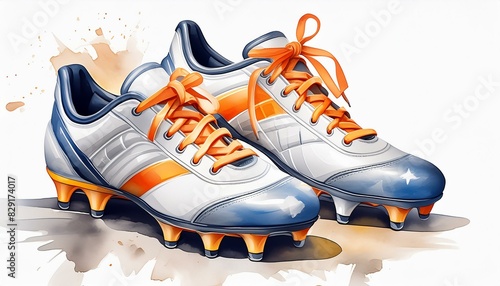 Soccer cleats. Soccer Shoe for playing football or rugby. Shoes with studded soles. Player uniform. Watercolor illustration. Isolated. For football club, sporting goods stores, poster and postcard