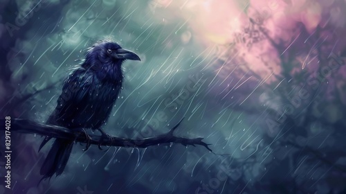 soaked crow with tousled feathers perched on branch after heavy rainfall embodying perseverance digital painting photo