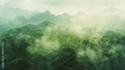 Futuristic green mountains with digital data overlay concept