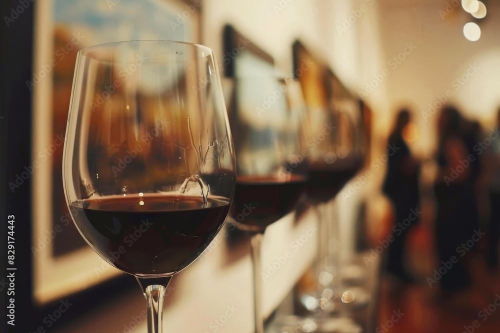 Blurred people and paintings in modern gallery with row of wine filled glasses Art gallery setting