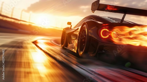 thrilling rear view of race car with vibrant exhaust flames blurred sunlit racetrack in background highspeed motorsports action photo