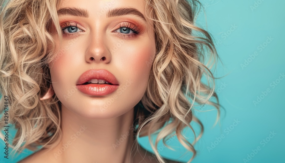 Beautiful blonde woman with curly hair and natural makeup in a studio setting isolated Beautiful blonde woman with curly hair and natural makeup in a studio setting isolated