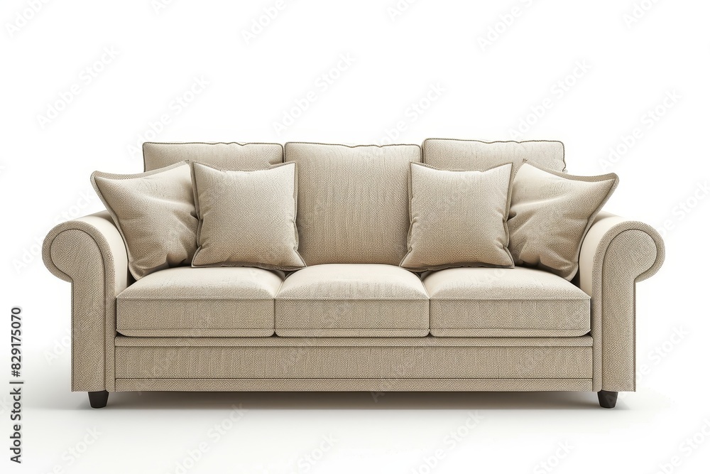Beige fabric sofa with three seats in a cozy setting isolated on white background Beige fabric sofa with three seats in a cozy setting isolated on white background