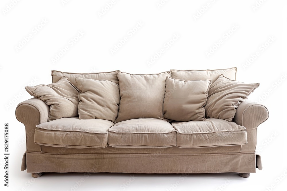 Fototapeta premium Beige fabric sofa with three seats white background