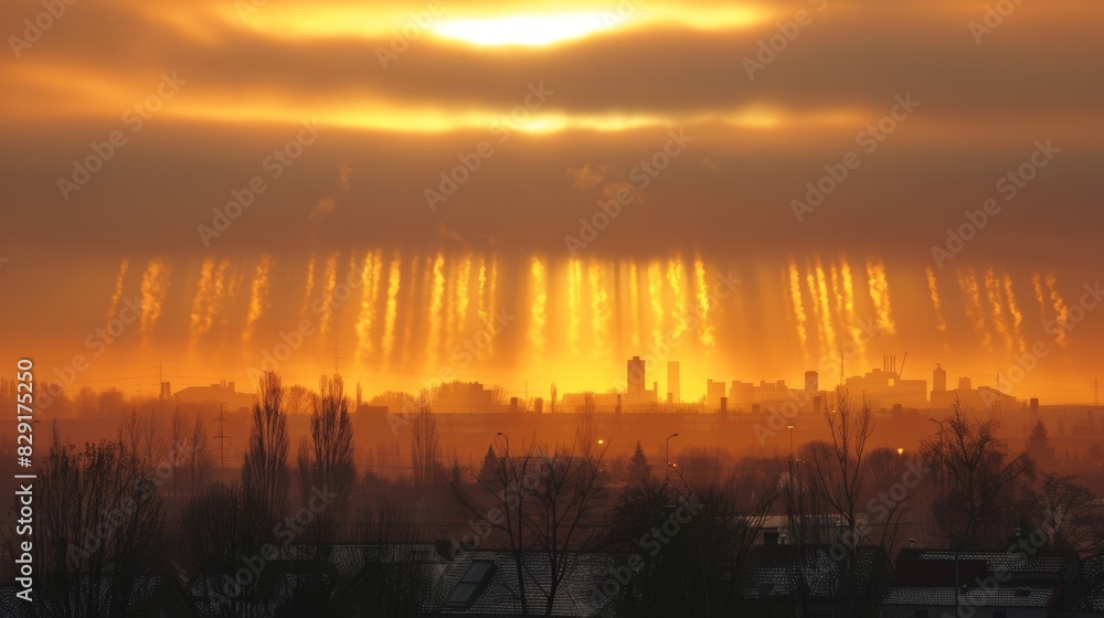 A hazy sunset filled with sun pillars making the sky look like a majestic cathedral. A hazy sunset filled with sun pillars making the sky look like a majestic cathedral.