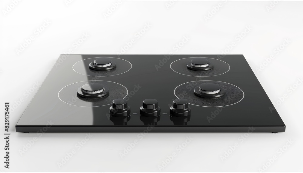 Black glossy ceramic glass induction or electric hob stove with four burners on white background Black glossy ceramic glass induction or electric hob stove with four burners on white background