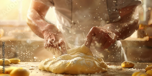 A baker expertly kneads dough, transforming simple ingredients into a masterpiece of deliciousness