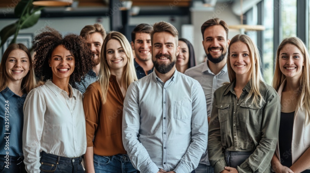 Fototapeta premium Professional white-collar team smiling confidently in a modern office setting, faces sharply in focus under bright lights, HD close-up of their upper bodies