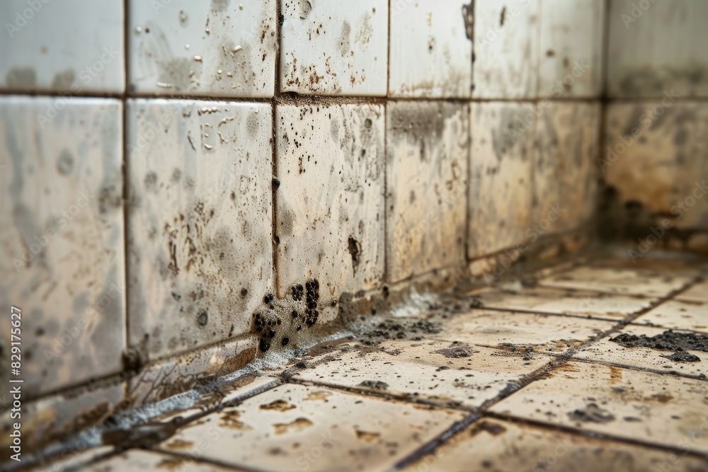 Black mold on bathroom floor tile grout