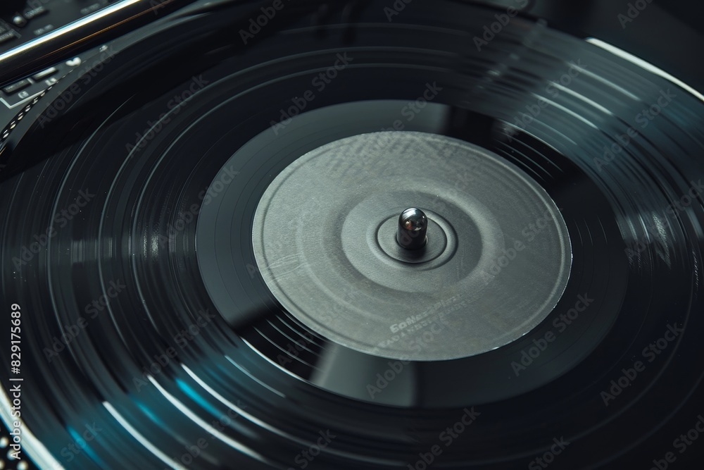 Black vinyl background with a beige screen in the center displaying a vinyl record on a rotating DJ turntable with a needle close up Black vinyl background with a beige screen in the center displaying a vinyl record on a rotating DJ turntable with a needle close up