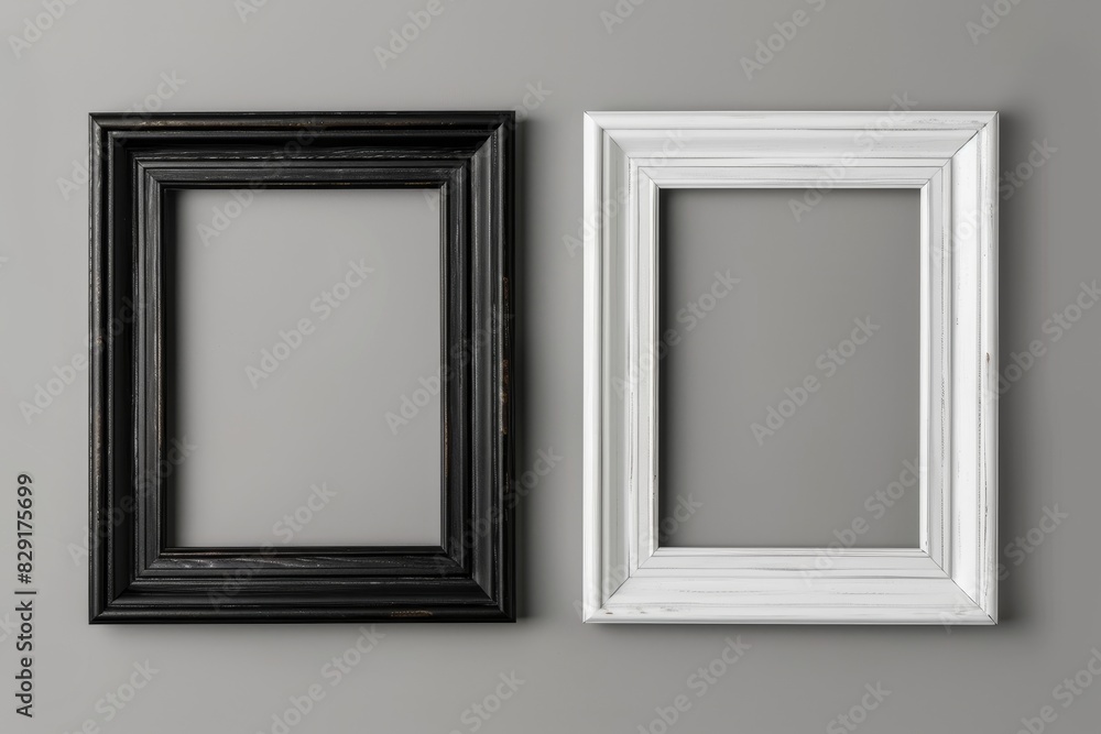 Black wooden frame and white frame isolated on gray background with clipping path Black wooden frame and white frame isolated on gray background with clipping path