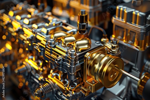Detailed 3D rendering of a car internal combustion engine including power, ignition, cooling, lubrication and exhaust systems, crank and gas distribution mechanism photo
