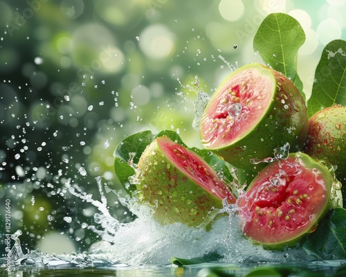 Photo of a fresh guava with water splash