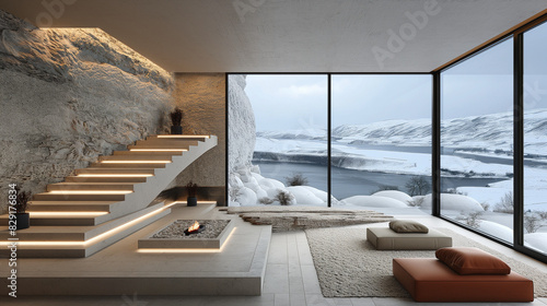 ultra realistic architectural interior photo, stair, luxury modern house, large rotating glass door, viewing of vast snowy valley and river far away, raw create luxurious realistic house in beige deta photo