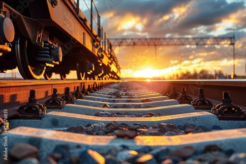 Detailed view of railcar coupling on a track during golden hour photo