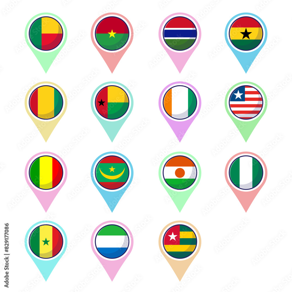 West african countries flags. Flat circle vector element design, travel symbols, landmark symbols, geography and map flags emblem. West african countries flags. Flat circle vector element design, travel symbols, landmark symbols, geography and map flags emblem.