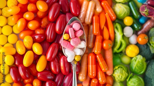 Colorful dietary supplements served on a spoon against fresh produce © Putra