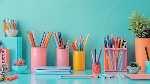 Colorful and organized office supplies on a bright desk