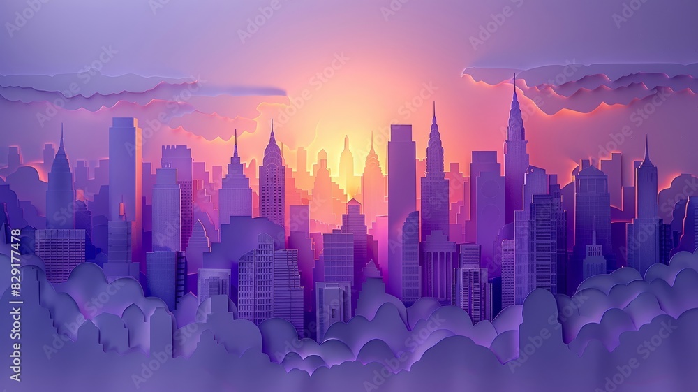 Paper cutout skyline with skyscrapers in shades of twilight purple