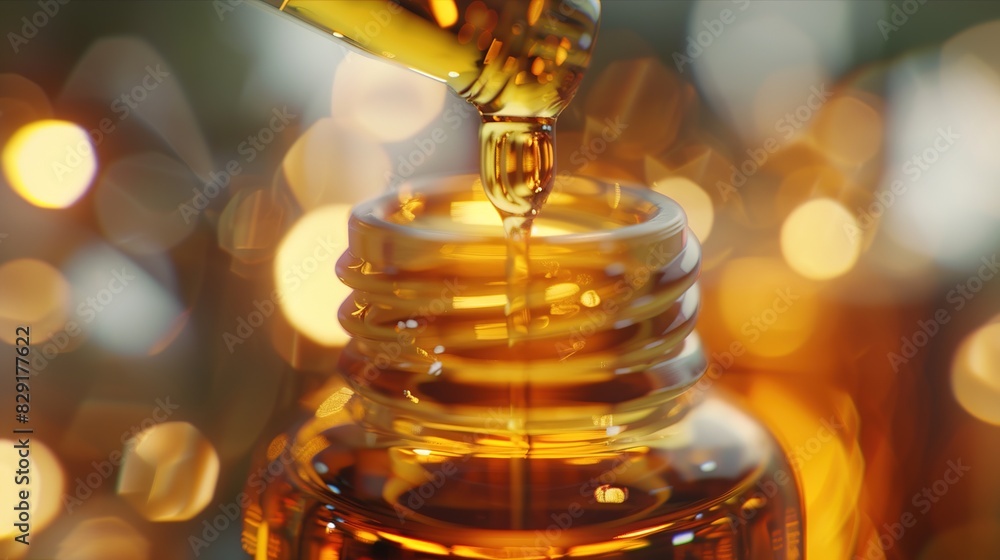 Close-Up of Dropper Pouring Essential Oil into Bottle, White Background with Backlight, Decadent Beauty , Soft-Focus Technique with Fine Lines 