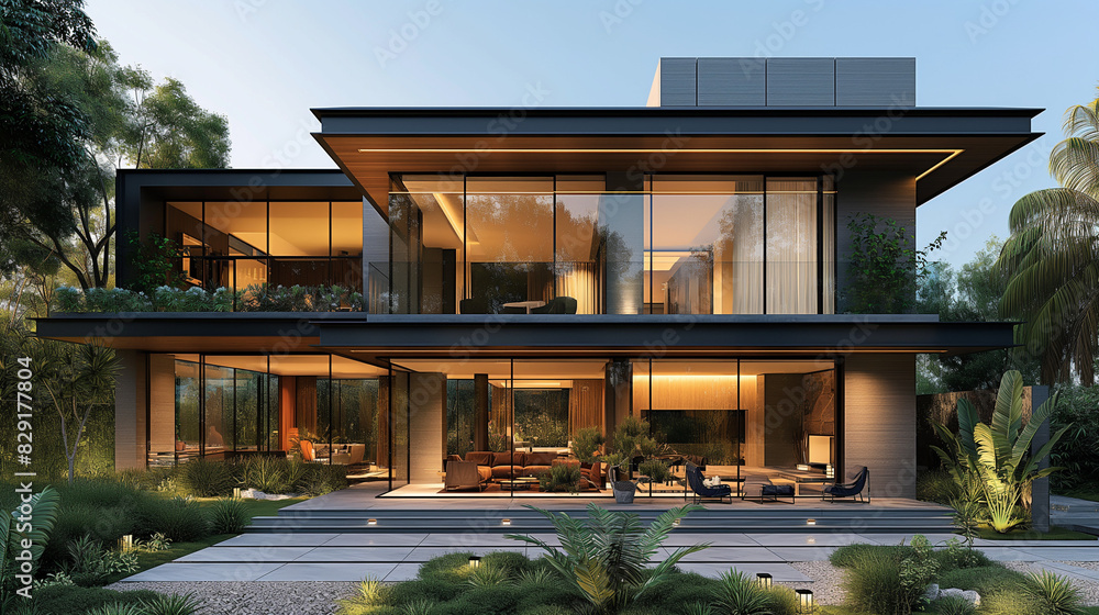 Create a hyper-realistic image of a very big house that include luxury and sophistication with a minimalistic and contemporary architecture.
