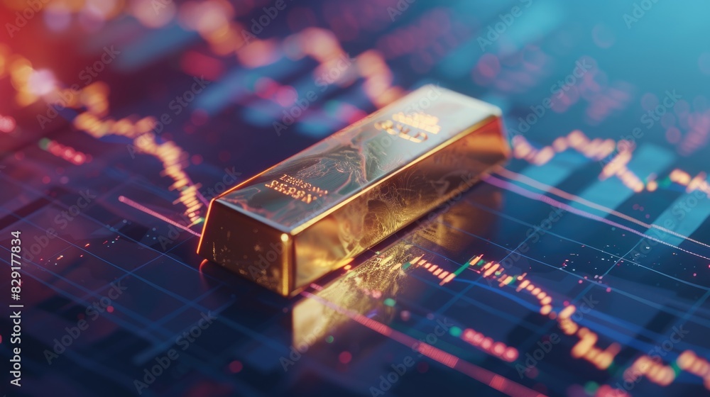 Gold bar resting on a stocks and shares graph representing investment Gold bar resting on a stocks and shares graph representing investment