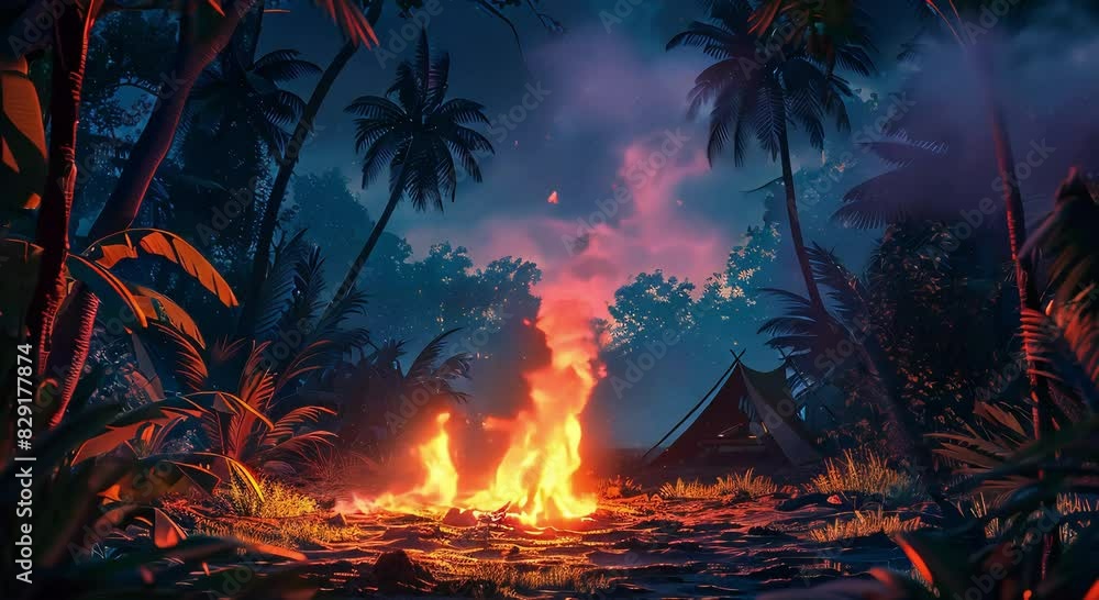 camping in tropical forest with campfire camping in tropical forest with campfire