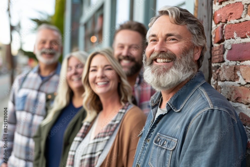 Portrait of smiling senior man standing in front of group of friends Portrait of smiling senior man standing in front of group of friends