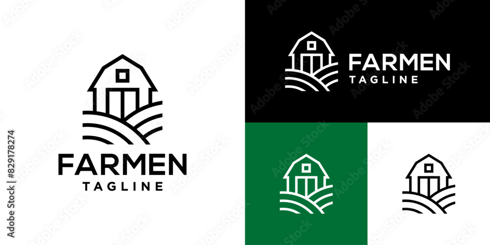 Fototapeta premium Design template of simple farm logo, with a line style. Farms, fields, huts, livestock. Icon symbol, vector EPS 10.