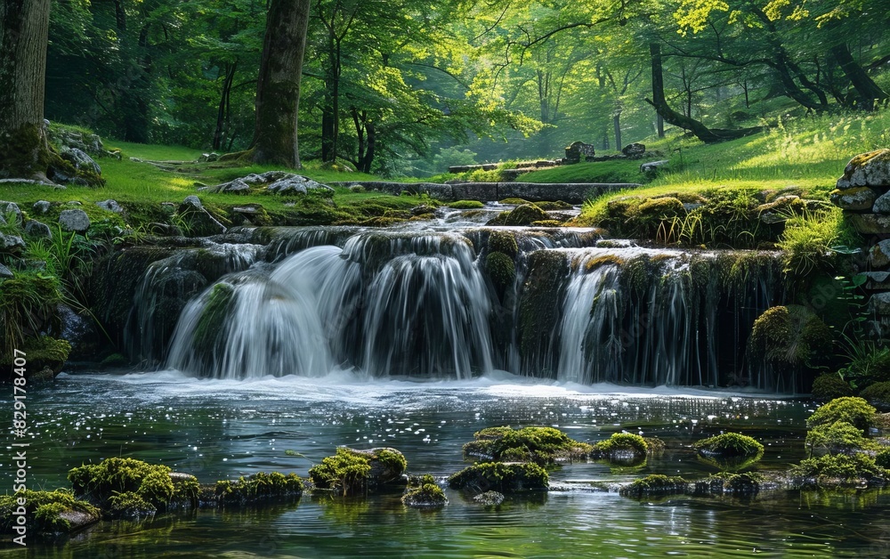 A serene forest waterfall cascading into a tranquil pool surrounded by lush greenery and moss-covered rocks. Perfect for nature enthusiasts. A serene forest waterfall cascading into a tranquil pool surrounded by lush greenery and moss-covered rocks. Perfect for nature enthusiasts.