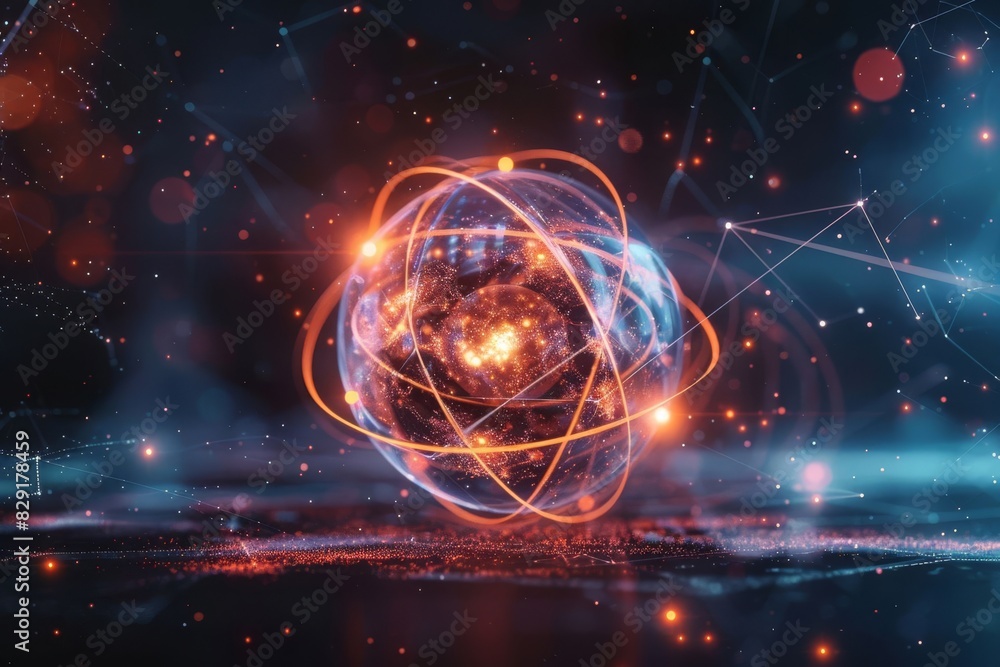 Obraz premium A stunning visual representation of an illuminated atom structure, symbolizing advanced science and futuristic technology.