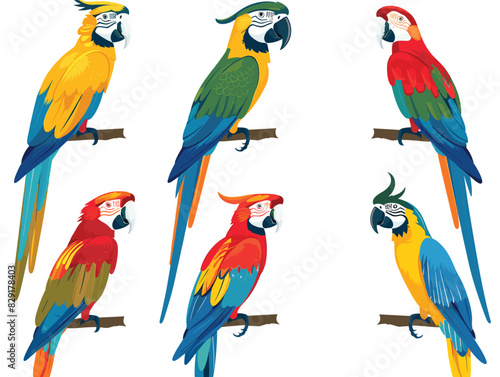 Six colorful parrots wearing face masks perched branches, vibrant tropical birds, cartoon style, health concept. Bright macaws red, yellow, blue, green colors, playful vector illustration birds