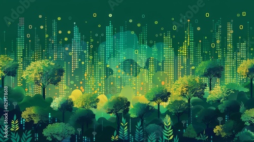 A vibrant digital binary forest merging technology and nature, symbolizing the seamless integration of the digital world and the natural environment. photo
