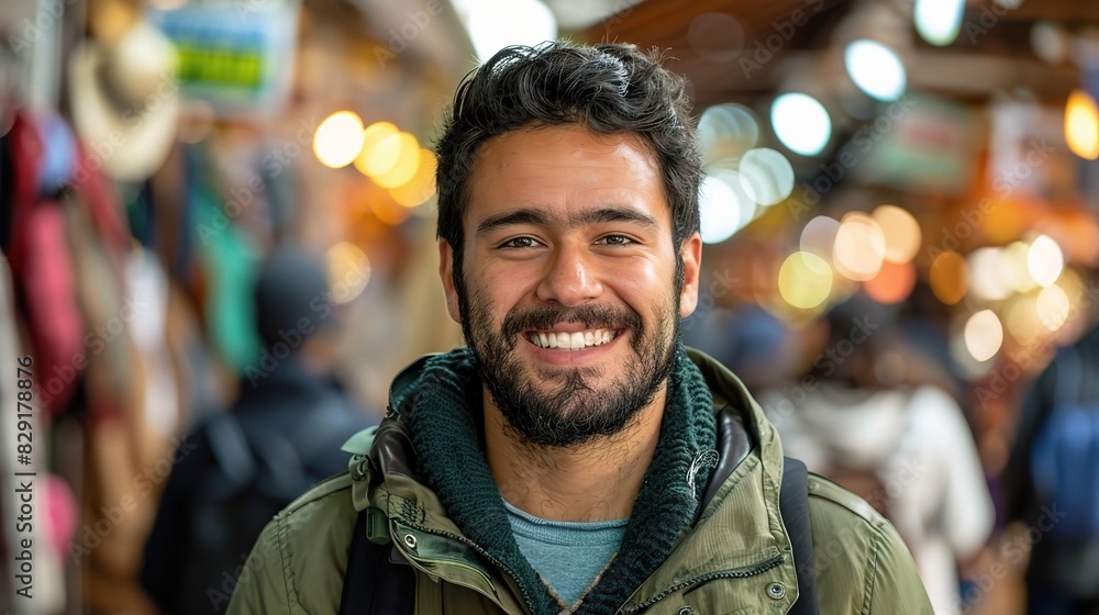 Fototapeta premium man with a beard, wearing a green jacket, smiling in a bustling market