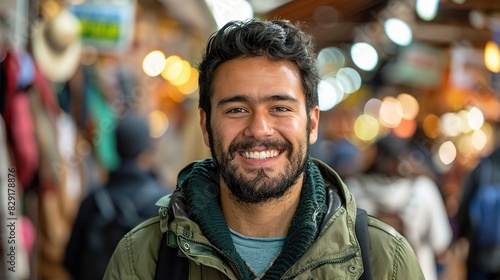 man with a beard, wearing a green jacket, smiling in a bustling market