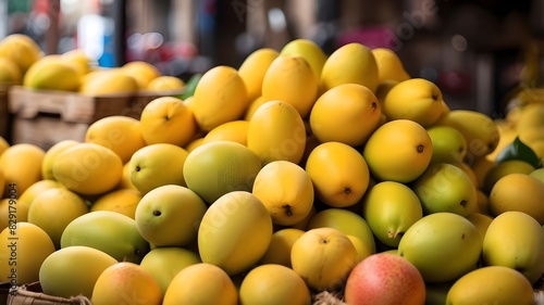 A stack of ripe yellow mangoes at the fruit market serving as a textured background photo