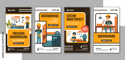 Woodworking Social Media Stories Flat Cartoon Hand Drawn Templates Background Illustration