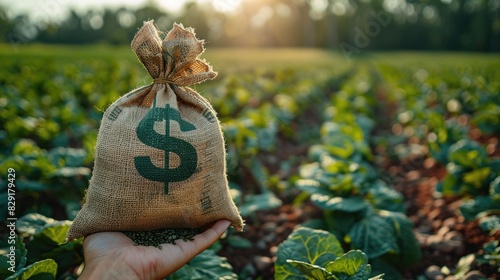 A hand holds out a dollar money bag on a background of a farm field. Lending farmers and agricultural enterprises for purchase land and seed material, equipment modernization Support and subsidies photo